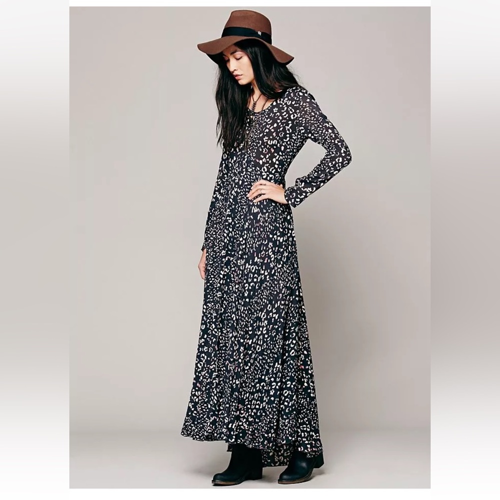 Free People First Kiss Black Animal Print Maxi Dress Gown XS - Picture 3 of 13
